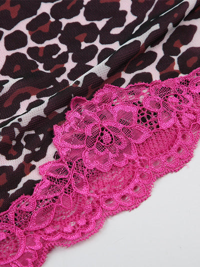 Pink Y2k Lace Stitching Cami Top with Leopard Print