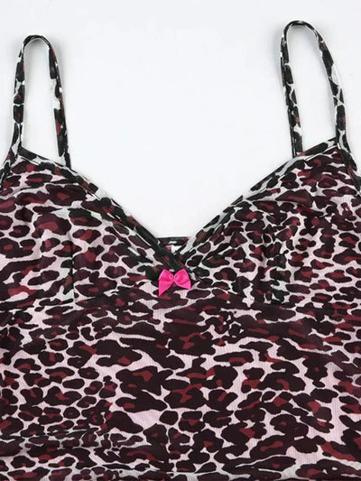 Pink Vintage Leopard Print Lace Stitching Cami Top