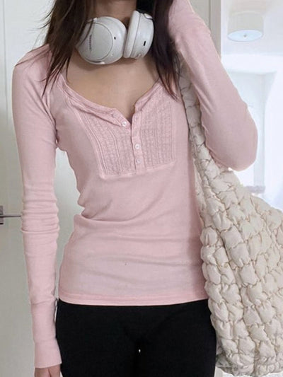 Pink Vintage Lace Splice Long Sleeve Tee