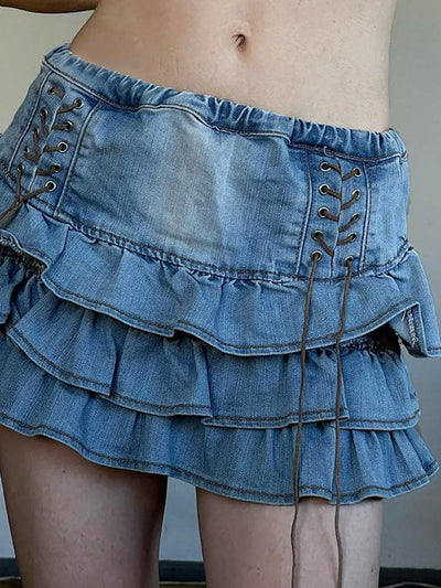 Blue Vintage Tie Up High Rise Tiered Denim Mini Skirt