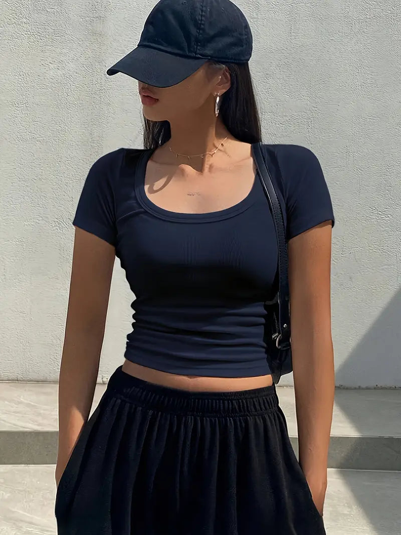 Navy Blue Y2K Square Neck Crop Top