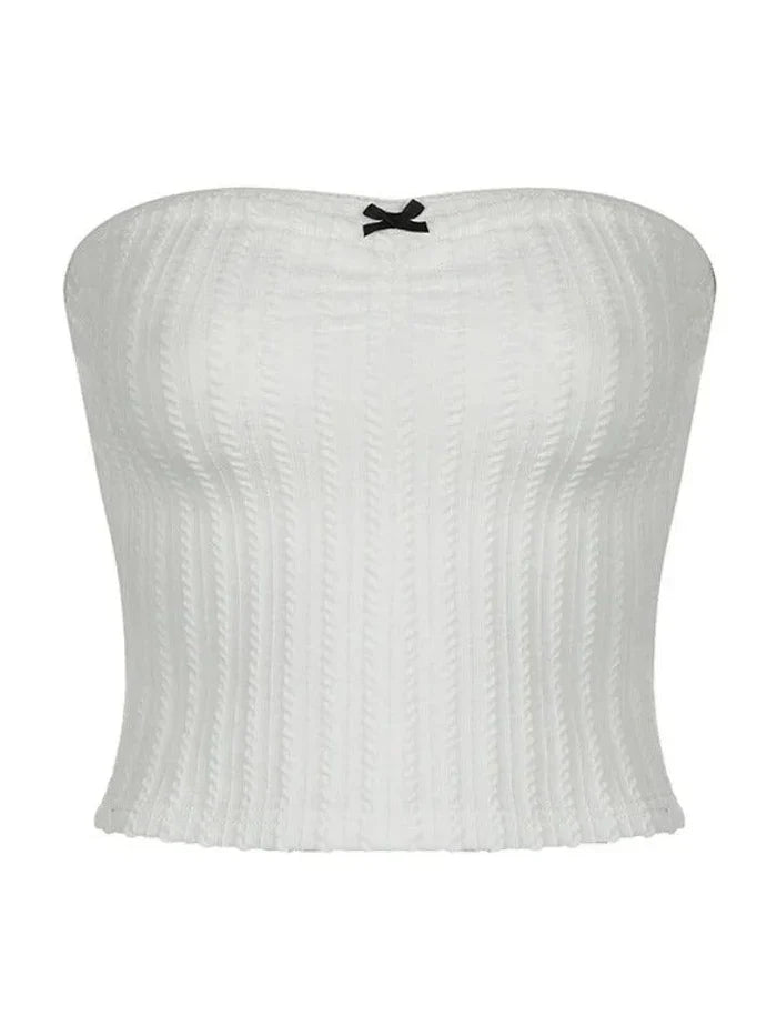 White Y2K Textured Bow Bandeau Top