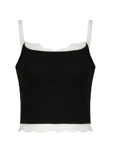 Black Mock-Up Lace Trim Ribbed Cami Top