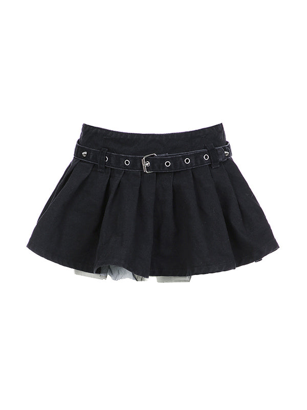 Black Denim Mesh Double Layer Mini Skirts with Belt