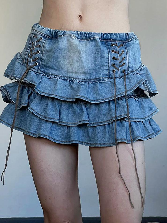 Blue Vintage Tie Up High Rise Tiered Denim Mini Skirt