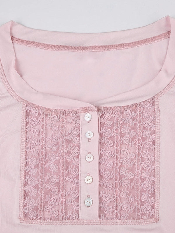 Pink Vintage Lace Splice Long Sleeve Tee