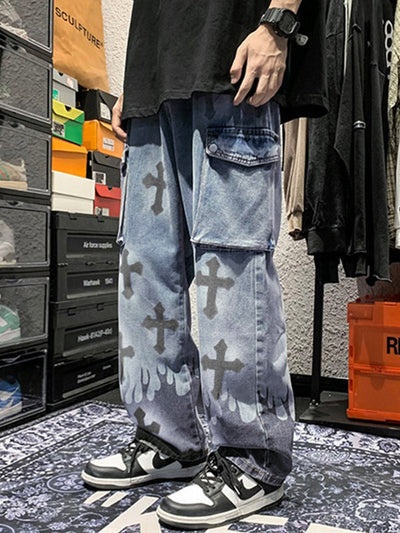 Vintage Men's Wash Cargo Jeans with Cross Print