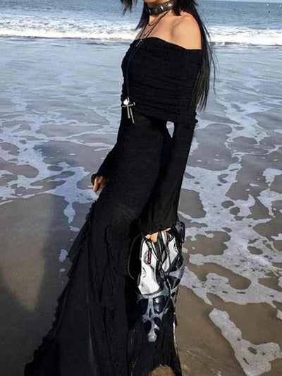 Black Punk Off Shoulder Ruffle High Slit Maxi Dress