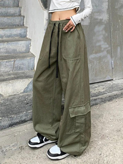 Vintage Drawstring Baggy Cargo Pants with Big Pockets