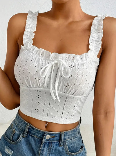 Vintage Eyelet Coquette Trim Tie Front Crop Cami Top