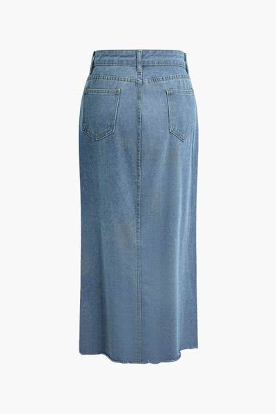 Wrap Split Denim Midi Skirt with Label