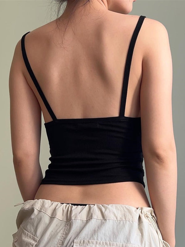 Black Vintage Pleated Backless Slim Cami Top