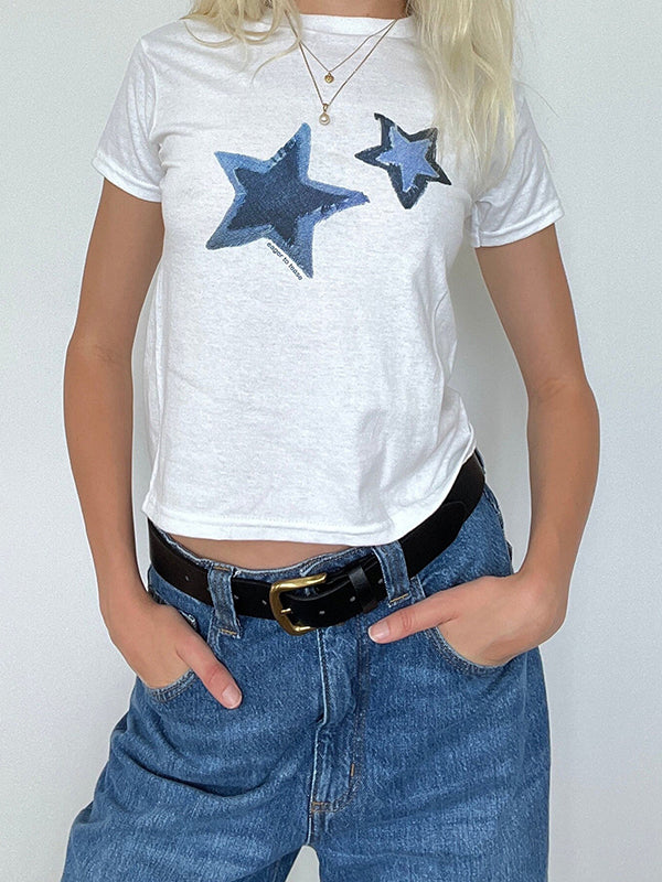 White Y2K Star Print Short Sleeve Tee