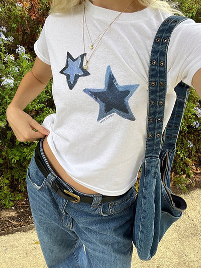 White Y2K Star Print Short Sleeve Tee