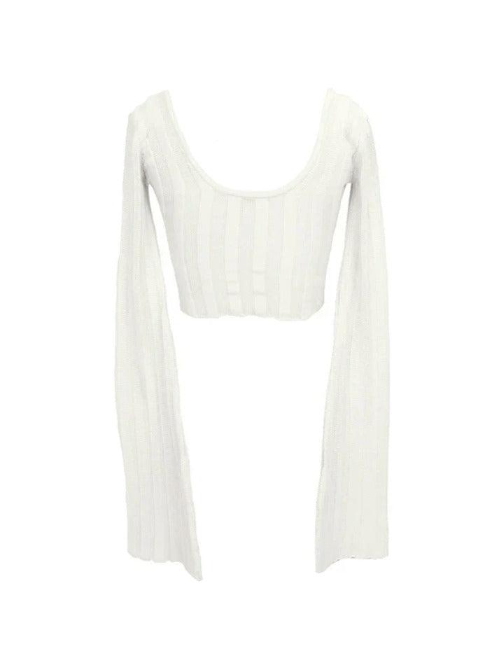 White Vintage Low Neck Flare Long Sleeve Tee