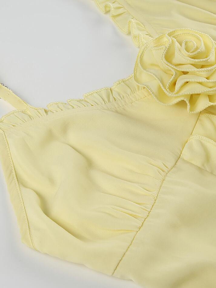 Yellow Vintage V Neck Ruffle Slit Hem Plain Top