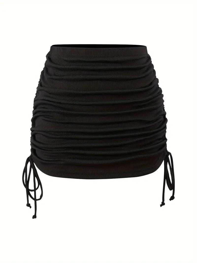 Black Vintage Drawstring Tie Side Beach Skirt