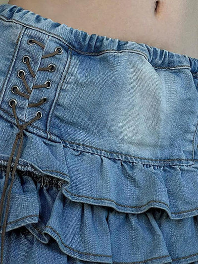 Blue Vintage Tie Up High Rise Tiered Denim Mini Skirt