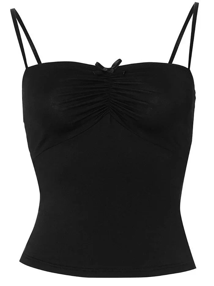 Black Vintage Ruched Bow Tie Cami Top