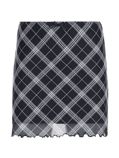 Blue Vintage Plaid Hem Mesh Mini Skirt with Bow