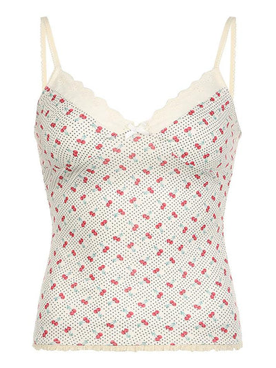 Bow Embellished Lace Tank Top with Cherry Print