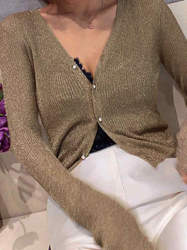 Vintage Glitter Ribbed Pearl Button Long Sleeve Knit with V Neck