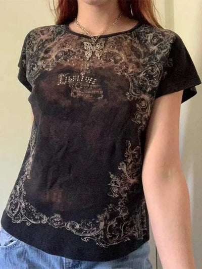 Black Grunge Rhinestone Printed Tee