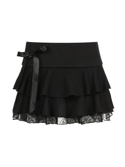 Black Bow Lace Splice Low Rise Tiered Mini Skirt