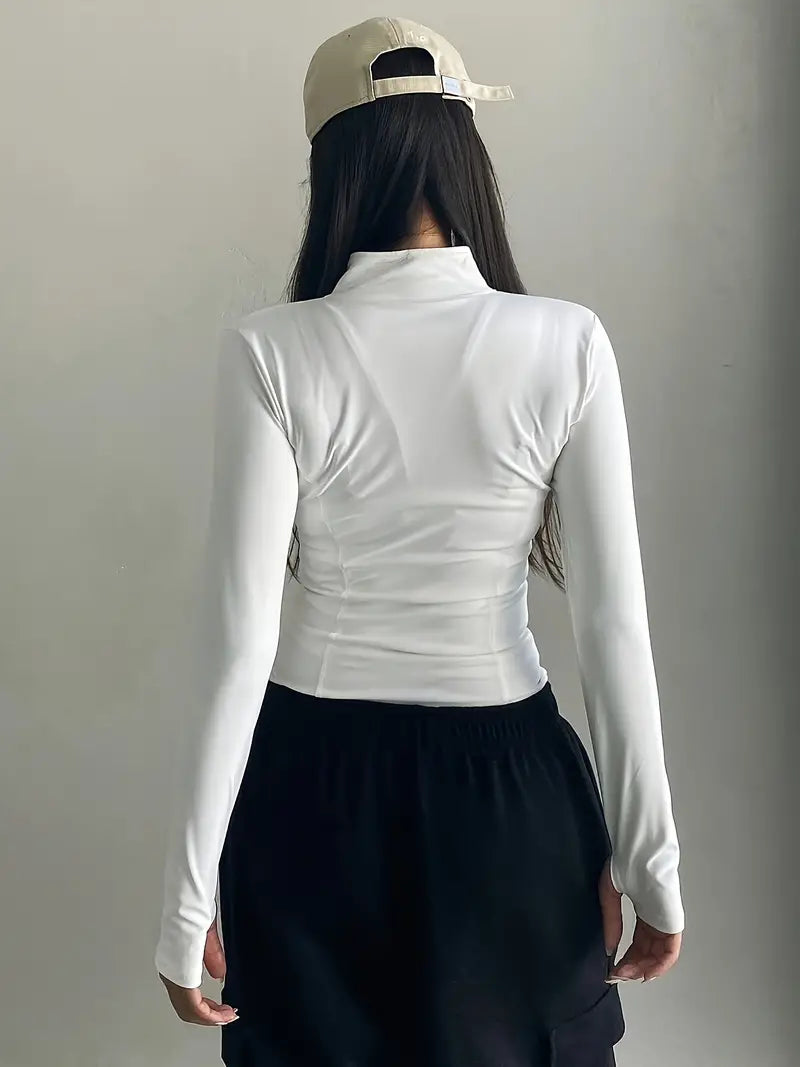 White Retro Zipper Stand Collar Long Sleeve Top