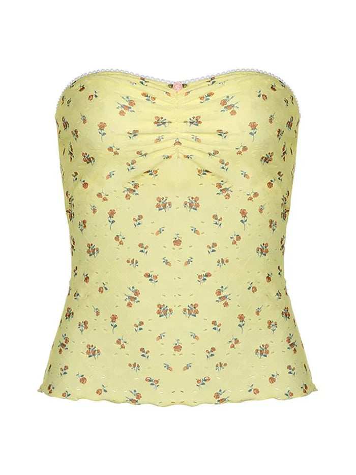 Yellow French Floral Print Ruffled Strapless Top