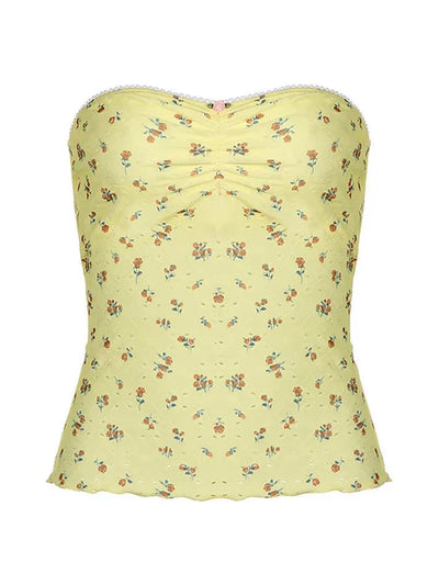 Yellow French Floral Print Ruffled Strapless Top