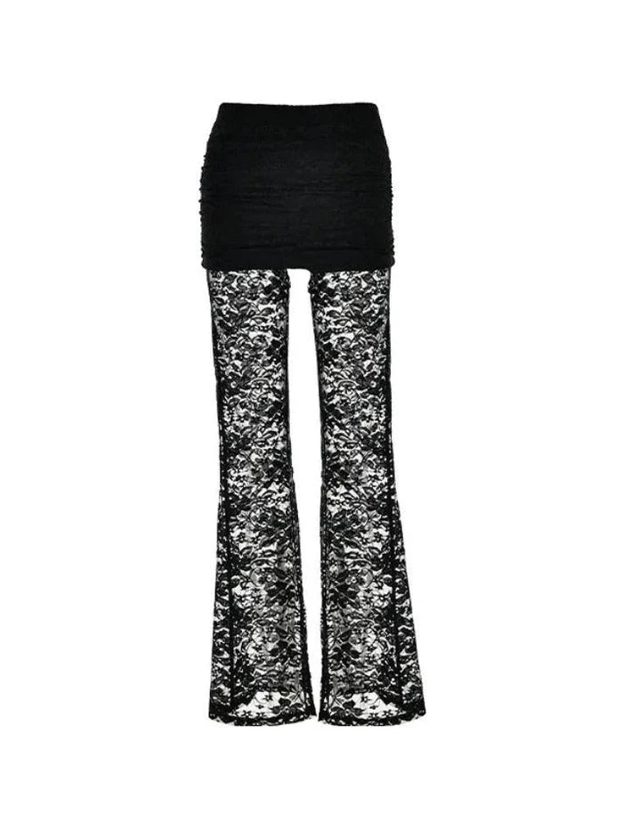 Black High Rise Flare Leg Pants with Lace Splice