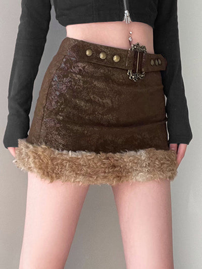 Brown Vintage Fuzzy Hem Splice Belted Leather Mini Skirt