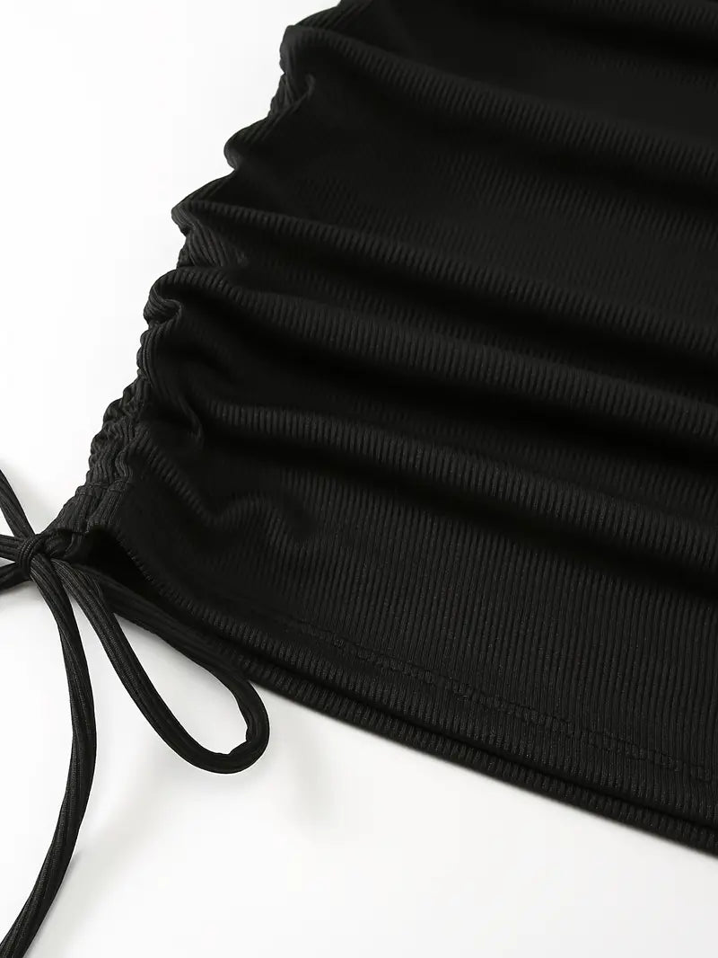 Black Vintage Drawstring Tie Side Beach Skirt