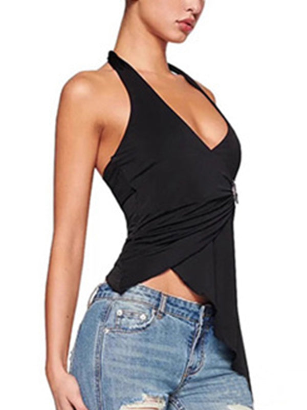 Black Vintage V-Neck Asymmetric Backless Halter Vest