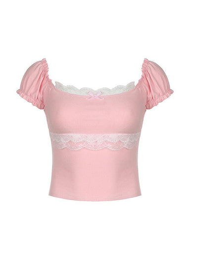 Pink Y2K Puff Sleeve Lace Trim Crop Top