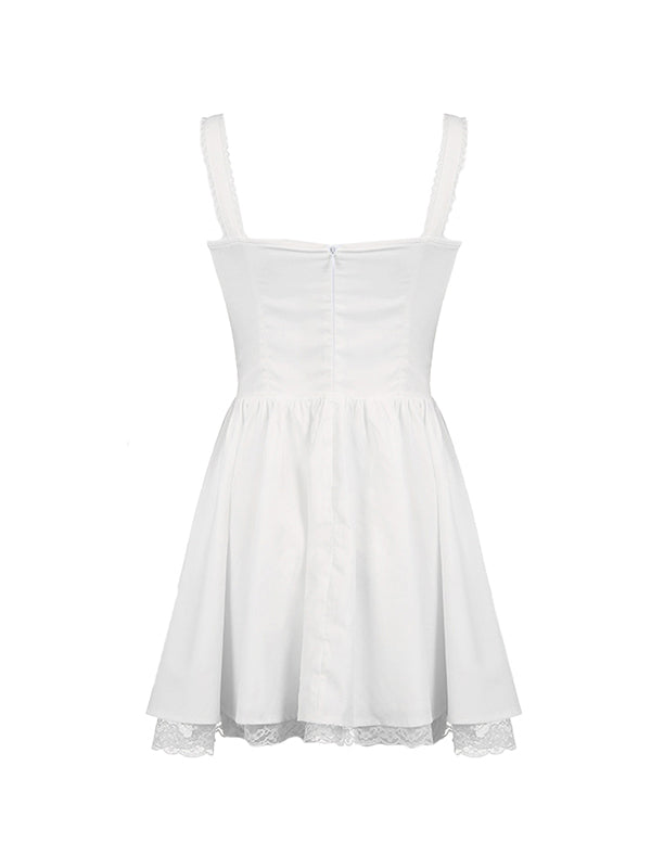 White French Sweet Lace Panel Pleated Dress