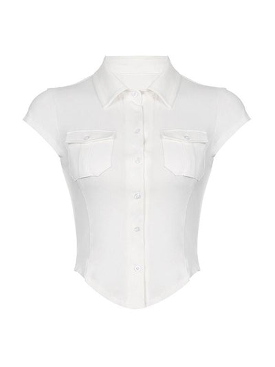 White Y2K Pocket Button Down Cropped Blouse