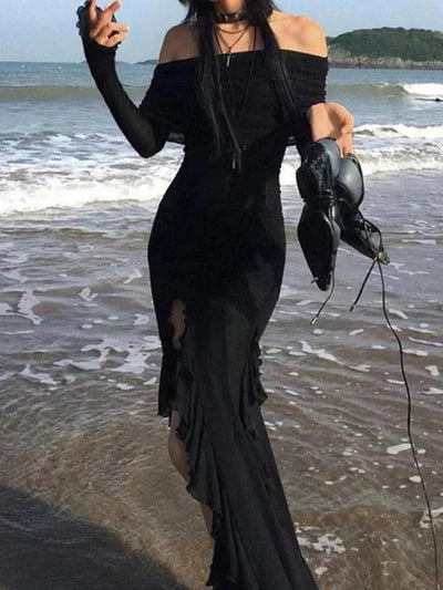 Black Punk Off Shoulder Ruffle High Slit Maxi Dress