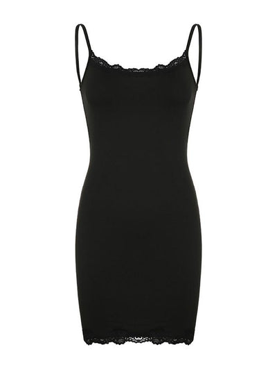 Black Spaghetti Strap Lace Trim Mini Bodycon Dress