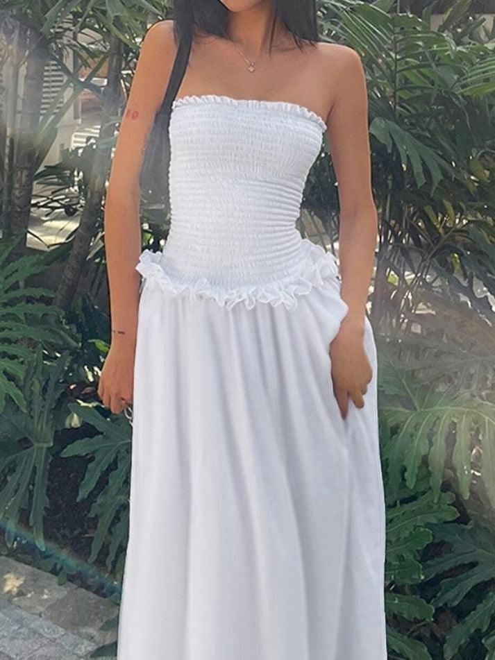 White Vintage Off Shoulder Shirred Tube Maxi Dress