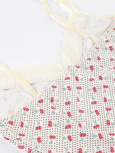 Bow Embellished Lace Tank Top with Cherry Print