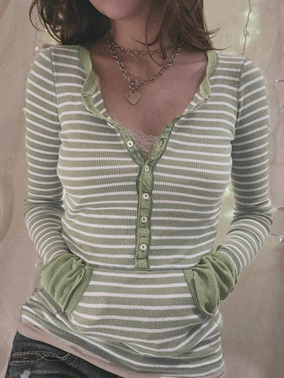 Green Vintage Button Front Striped Ribbed Knit Top