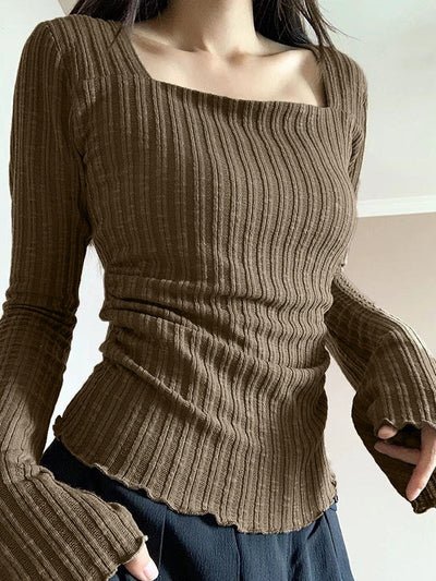 Coffee Vintage Square Neck Flare Sleeve Slim Knit