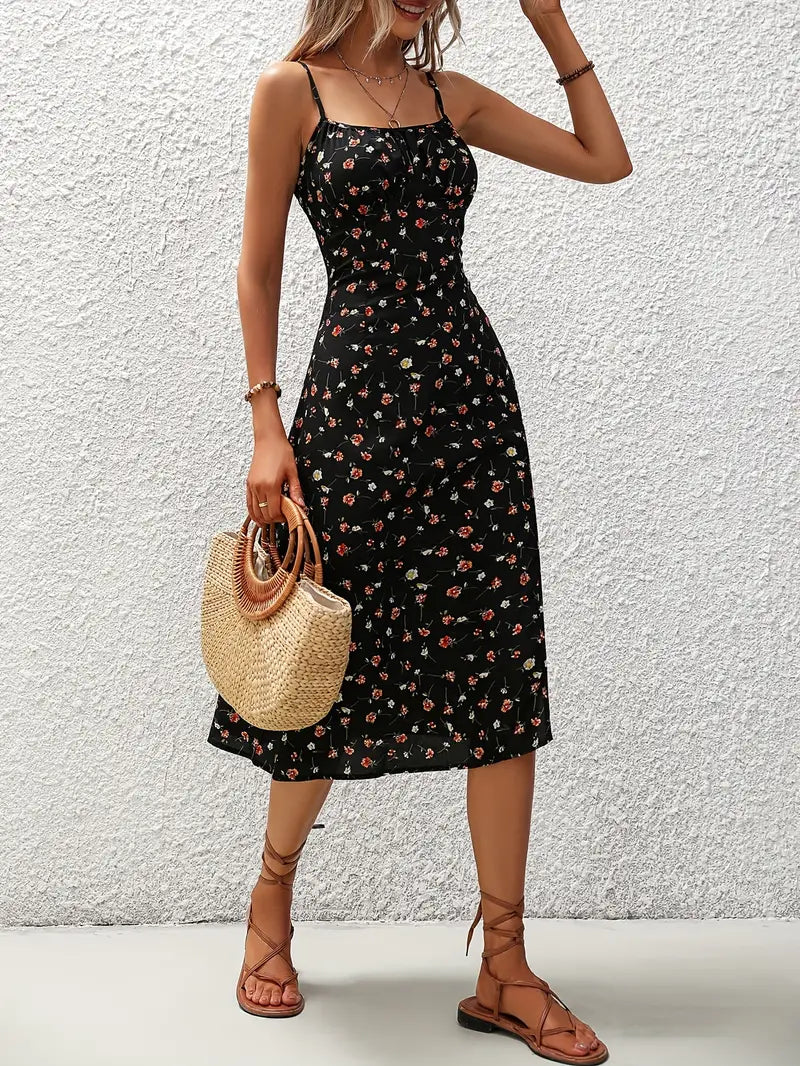 French Ditsy Floral Print Dress with Split