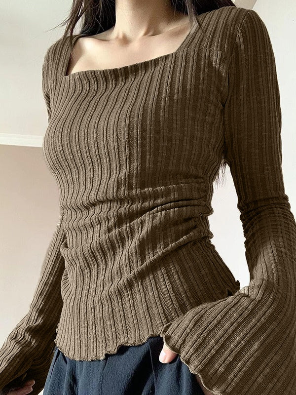 Coffee Vintage Square Neck Flare Sleeve Slim Knit