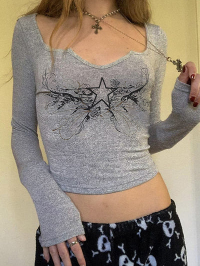 Grey Vintage Low Cut Cropped Long Sleeve Tee with Star Print