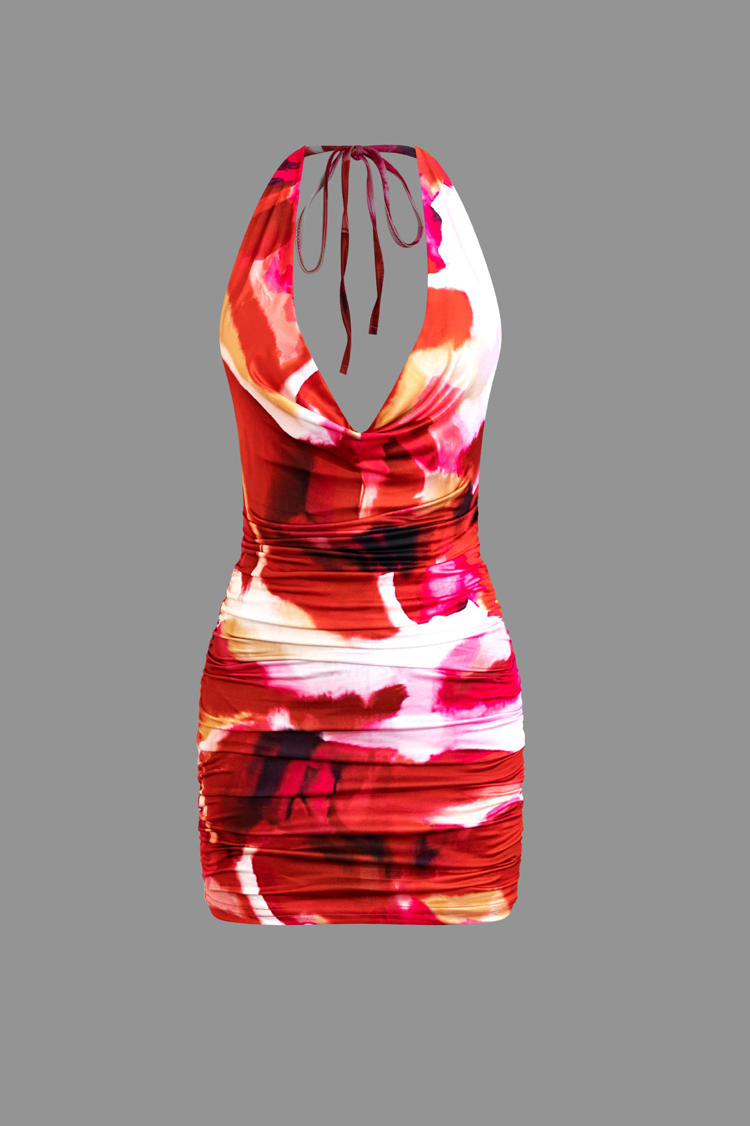 Crimson Vintage Tie Dye Halter V Neck Backless Mini Dress