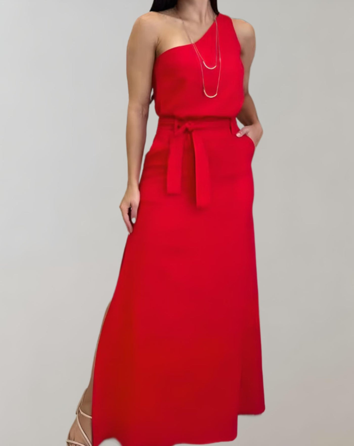 Andria - asymmetrische one-shoulder maxi-jurk met riem en zakken