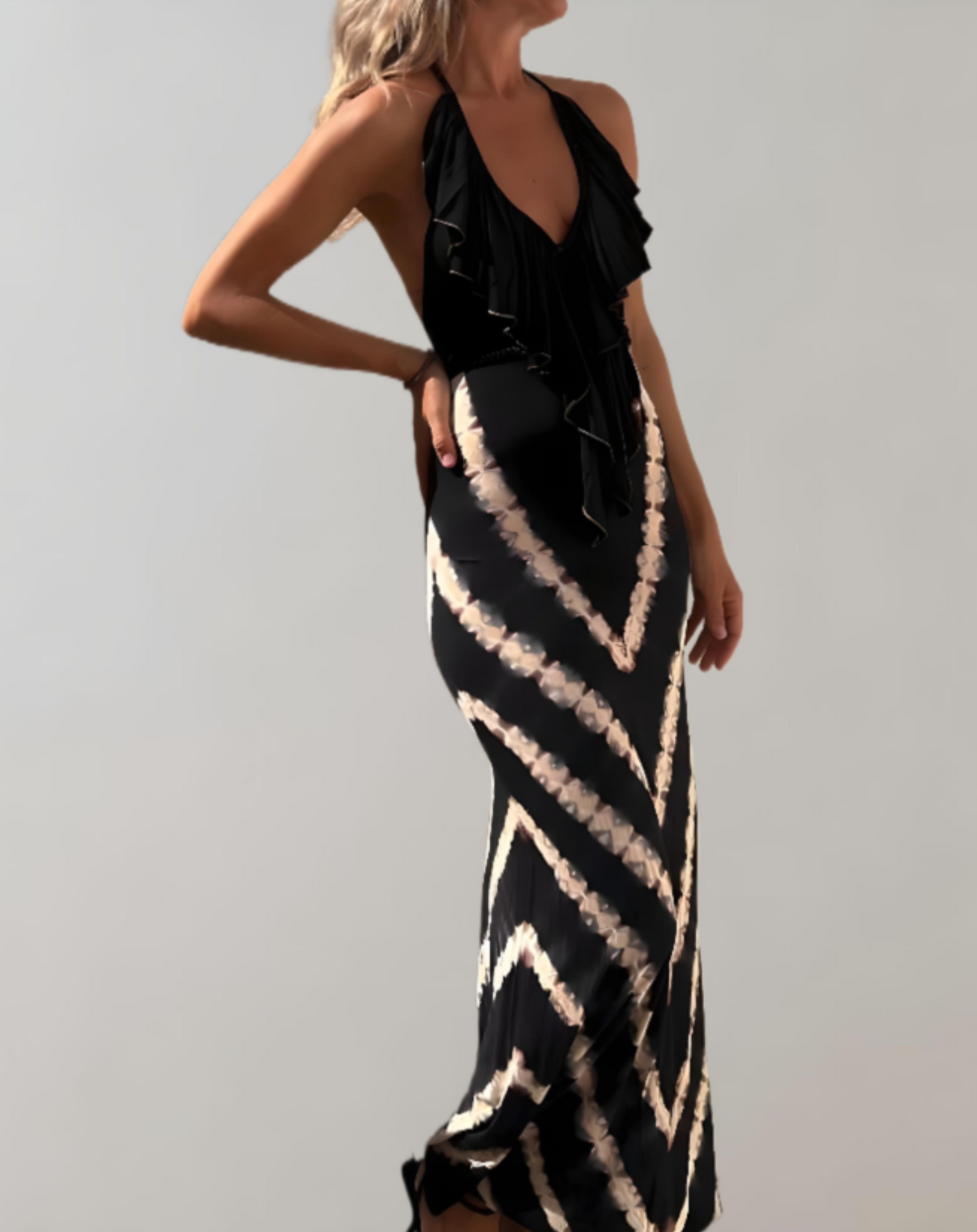 Belinda - Mouwloze en rugloze halter maxi-jurk met V-patroon